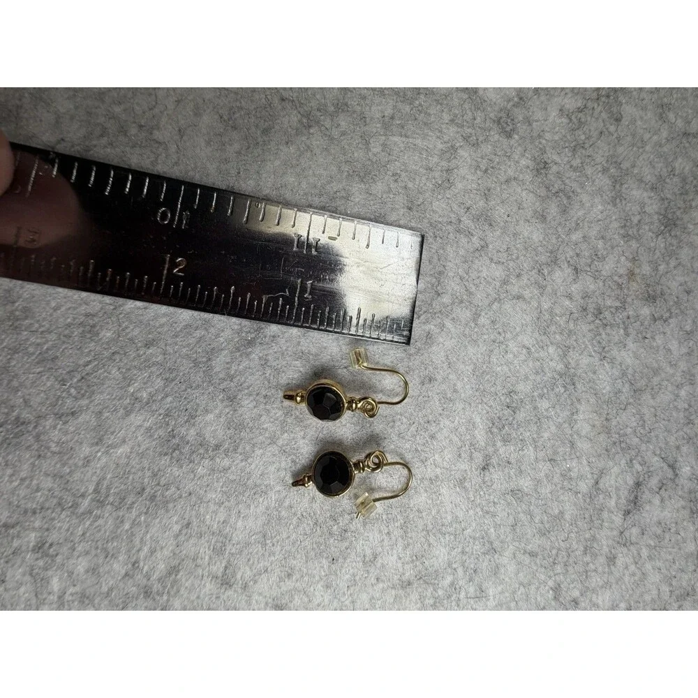 Vintage 1990s Black Faceted Stone Gold Tone Dangle Earrings Gothic Glam